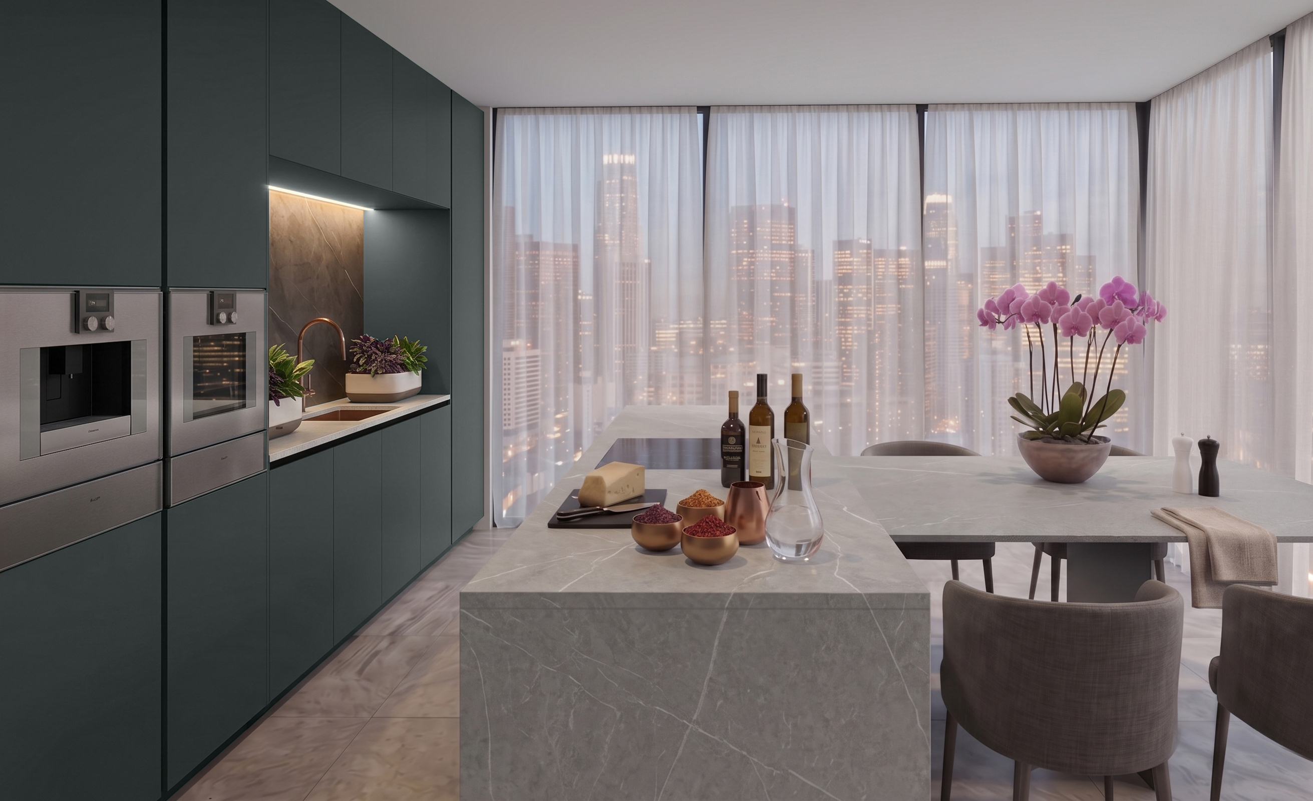 Verde kitchen — city view and dining area